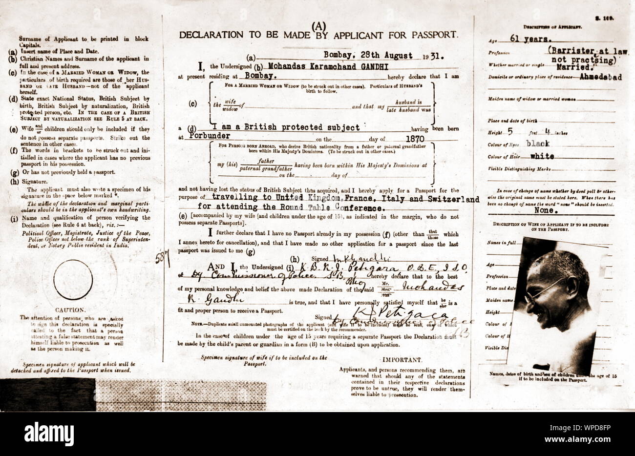Mahatma Gandhi passport application form for his travel to United Kingdom France Italy Switzerland Europe, India, Asia, 1931 Stock Photo