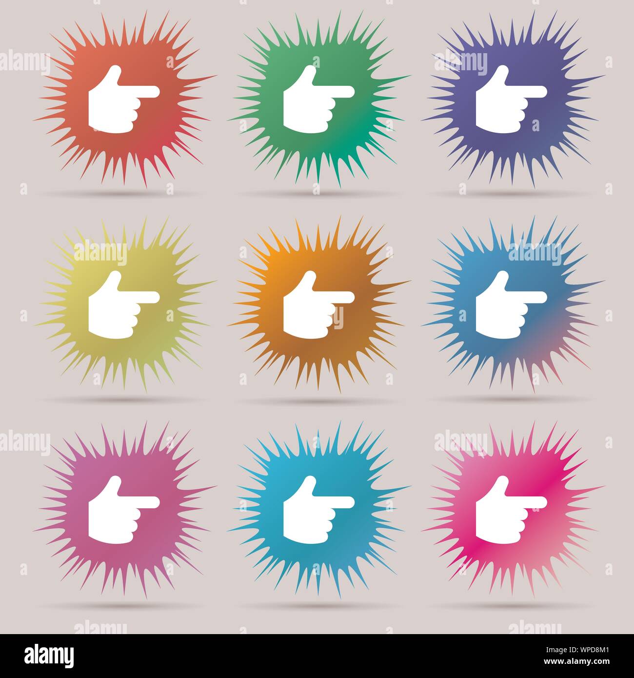 pointing hand icon sign. A set of nine original needle buttons. Vector ...