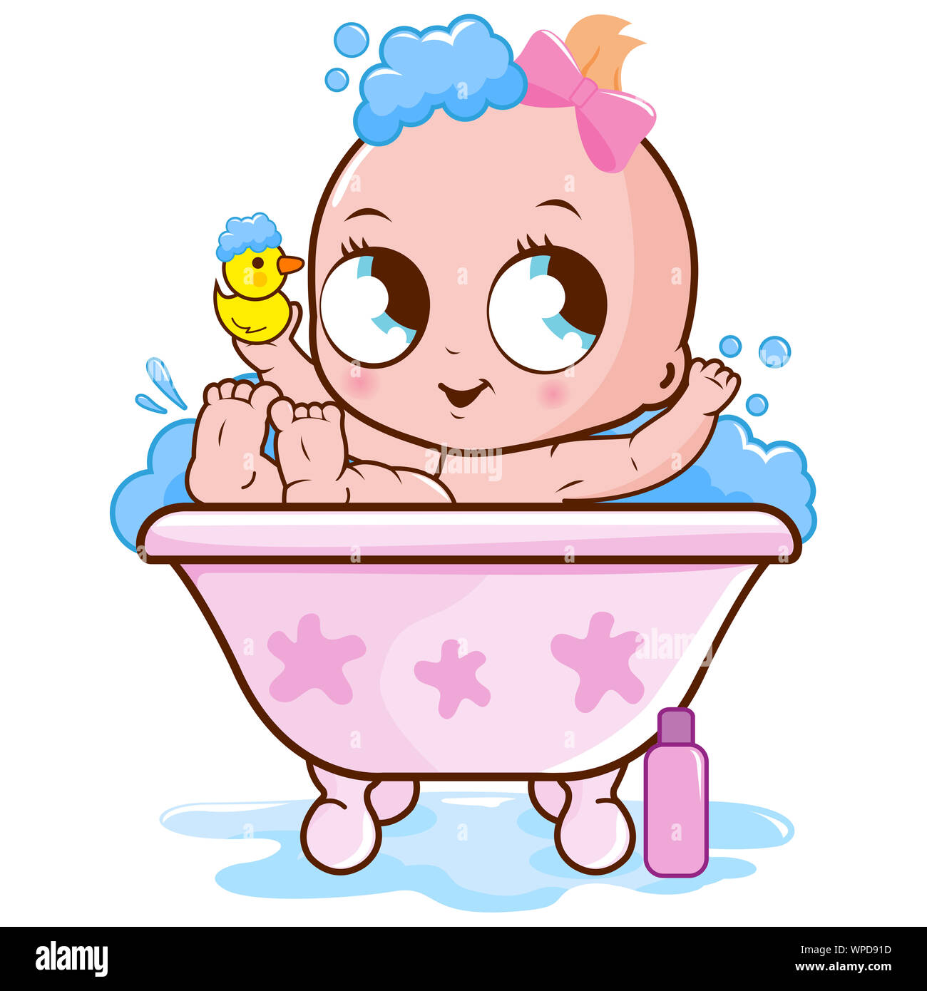 Illustration of a cute baby girl in a tub taking a bubble bath and