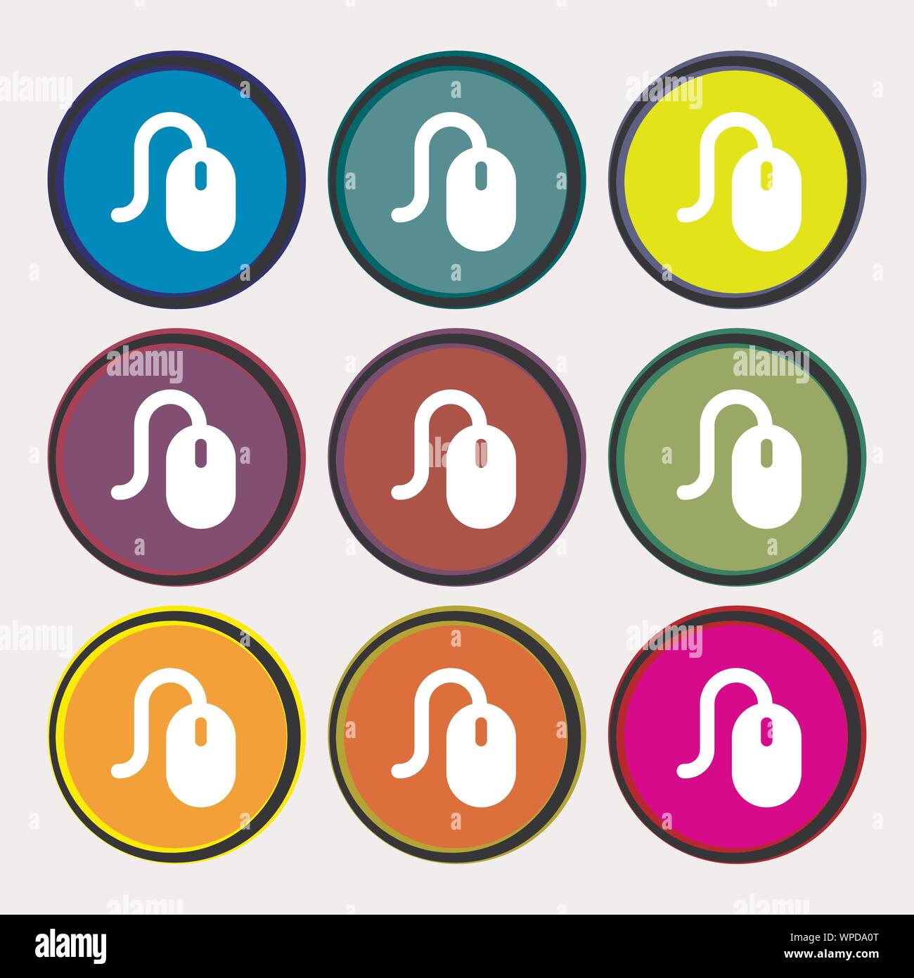 Computer mouse icon sign. Nine multi-colored round buttons. Vector Stock Vector