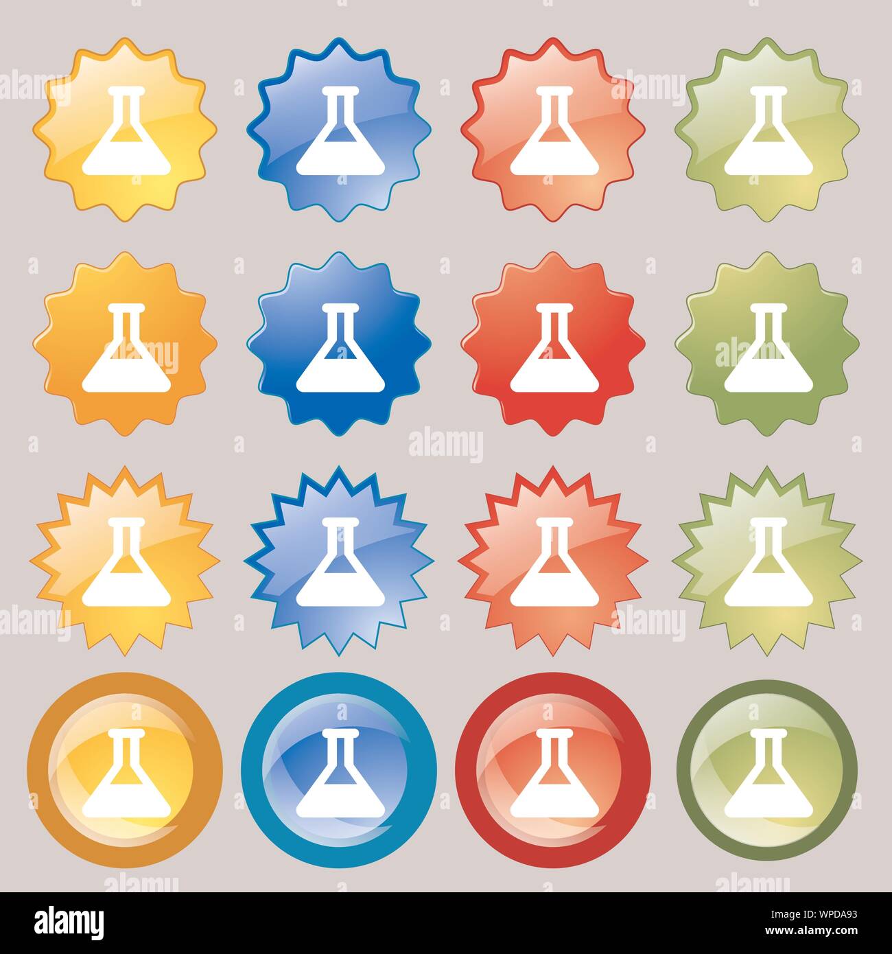 Conical Flask icon sign. Set from sixteen multi-colored glass buttons ...