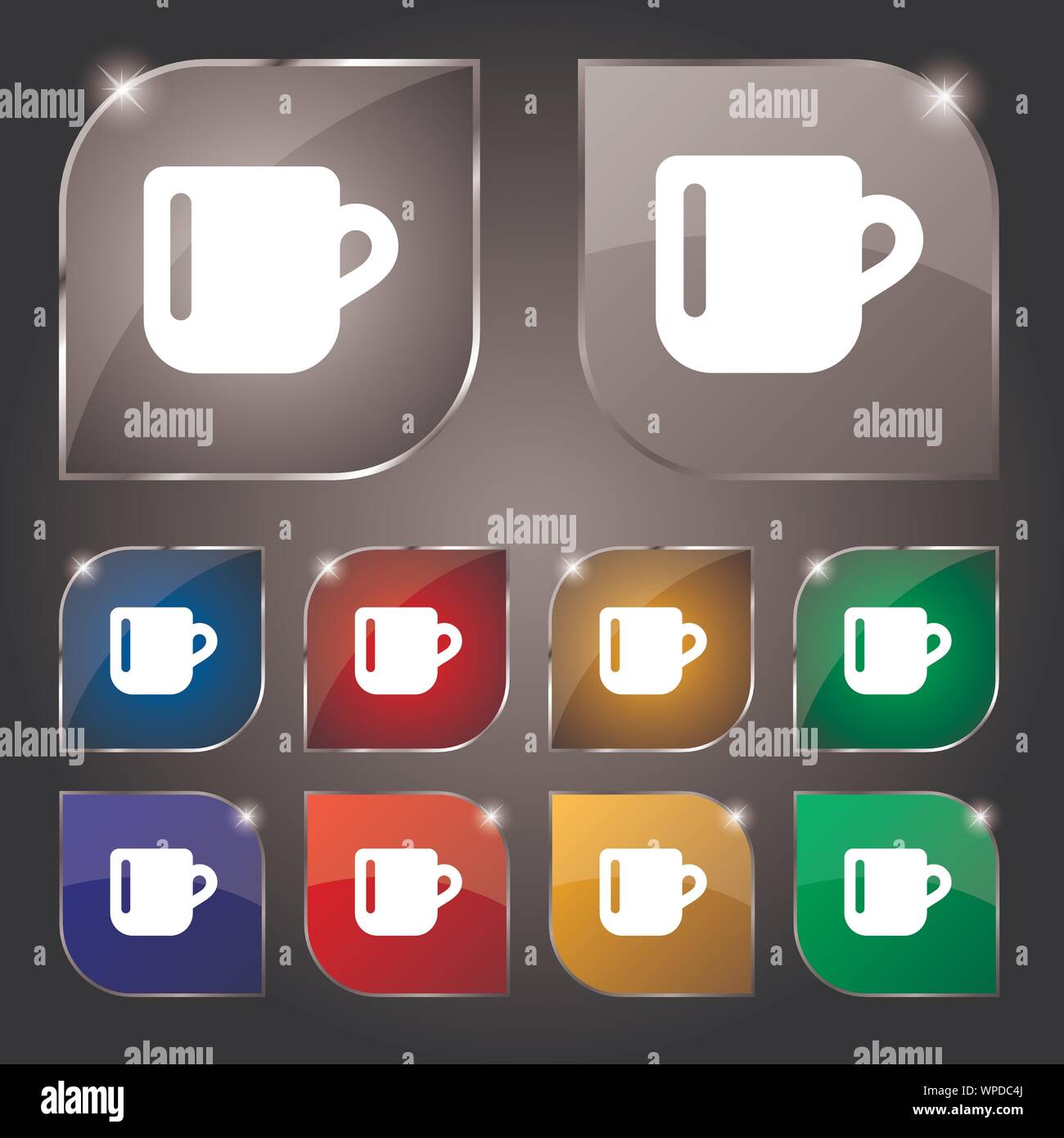 cup coffee or tea icon sign. Set of ten colorful buttons with glare ...