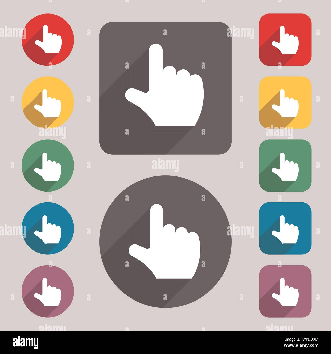 pointing hand icon sign. A set of 12 colored buttons and a long shadow ...