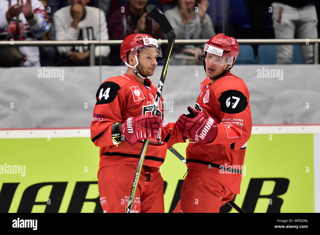 Hradec Kralove, Czech Republic. 07th Sep, 2019. L-R Mislav Rosandic and  Matej Paulovic (both HK) are seen during the Champions Hockey League (CHL),  Group H, final match Mountfield HK (Hradec Kralove; Czech)