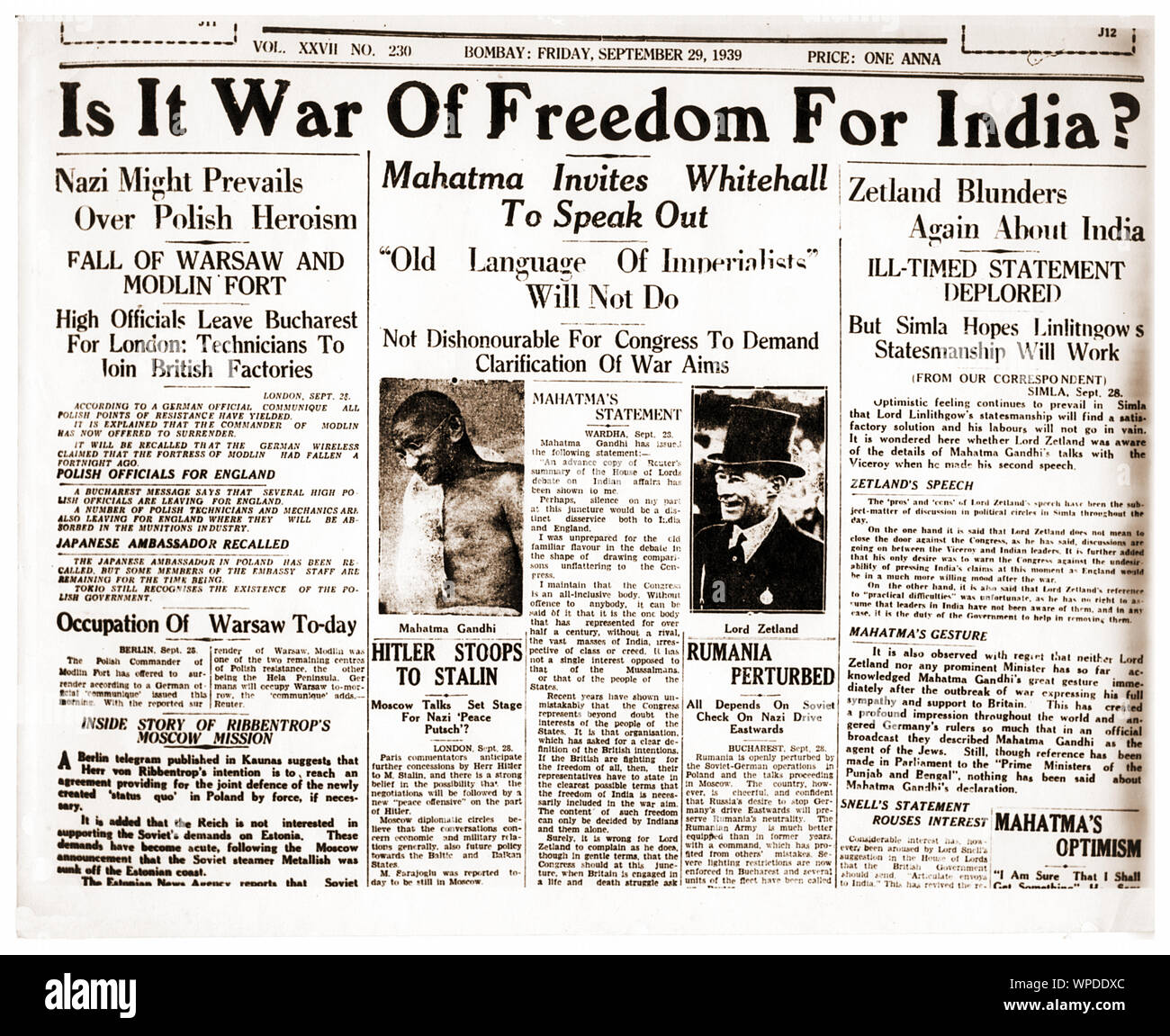 Front page of Bombay newspaper about Mahatma Gandhi, Bombay, India, Asia, September 29, 1939 Stock Photo