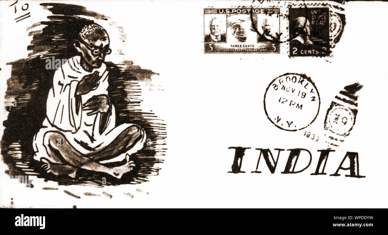 Handwritten envelope from Brooklyn, New York, to Mahatma Gandhi, India, Asia, 1939 Stock Photo