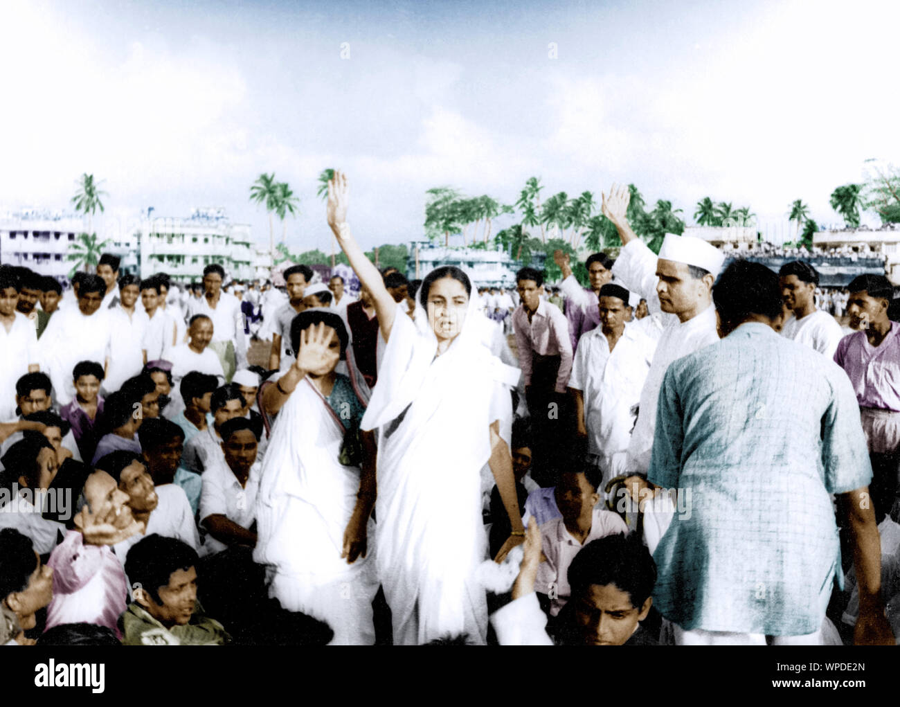 Woman shouting slogans demonstration Quit India movement at  Gowalia Tank Maidan, Bombay, India, Asia, August 1942, old vintage 1900s picture Stock Photo