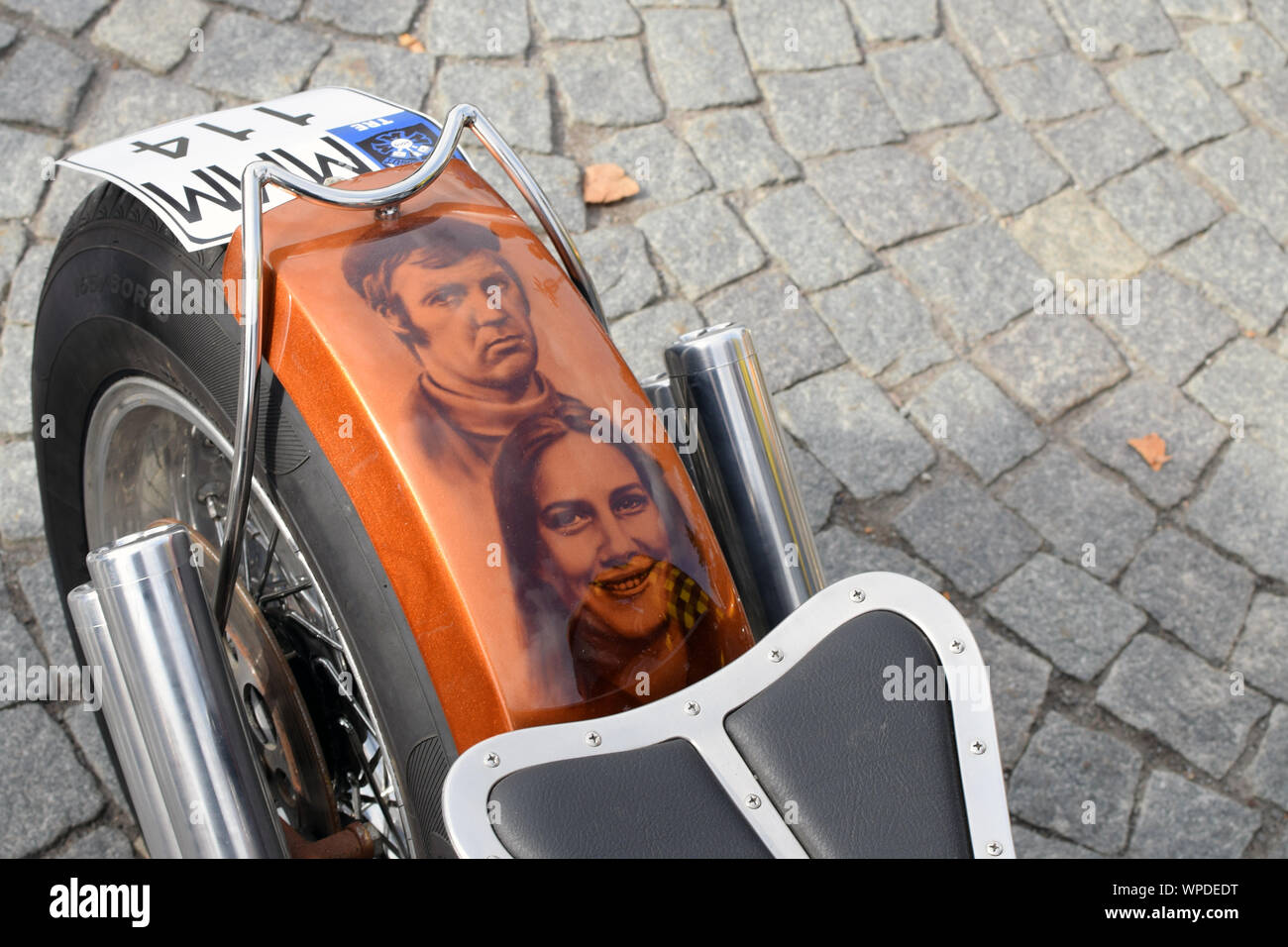 Customized chopper with Finnish television series 'Tankki Täyteen' theme. Stock Photo