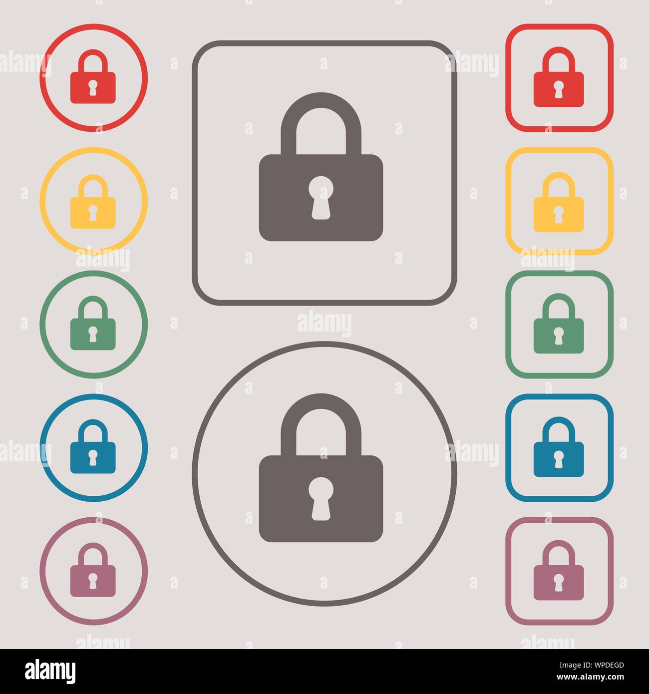 Pad Lock icon sign. symbol on the Round and square buttons with frame ...