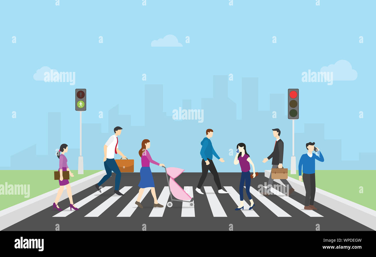 pedestrian walk cross street with team people and traffic light and city background with modern ...