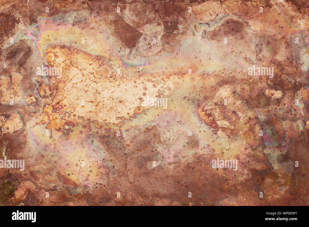 Aged copper plate texture, old worn metal background. Stock Photo