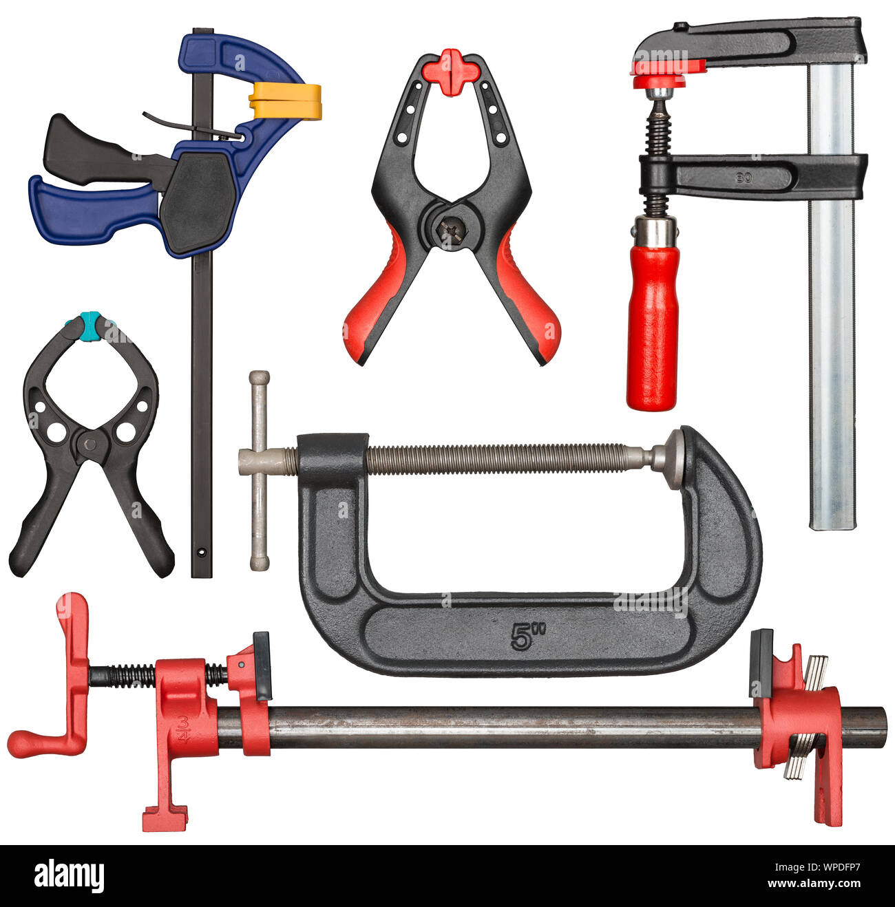 Various bar clamps in set. Tools can be used in carpentry, woodworking or other crafts. Stock Photo