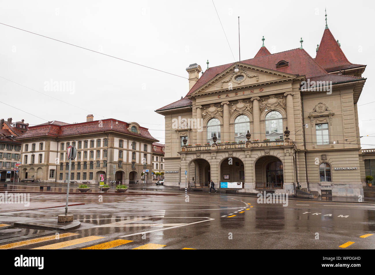Bern, Switzerland - May 7, 2017: Street view of old Bern. Exterior of Casino Bern restaurant Stock Photo