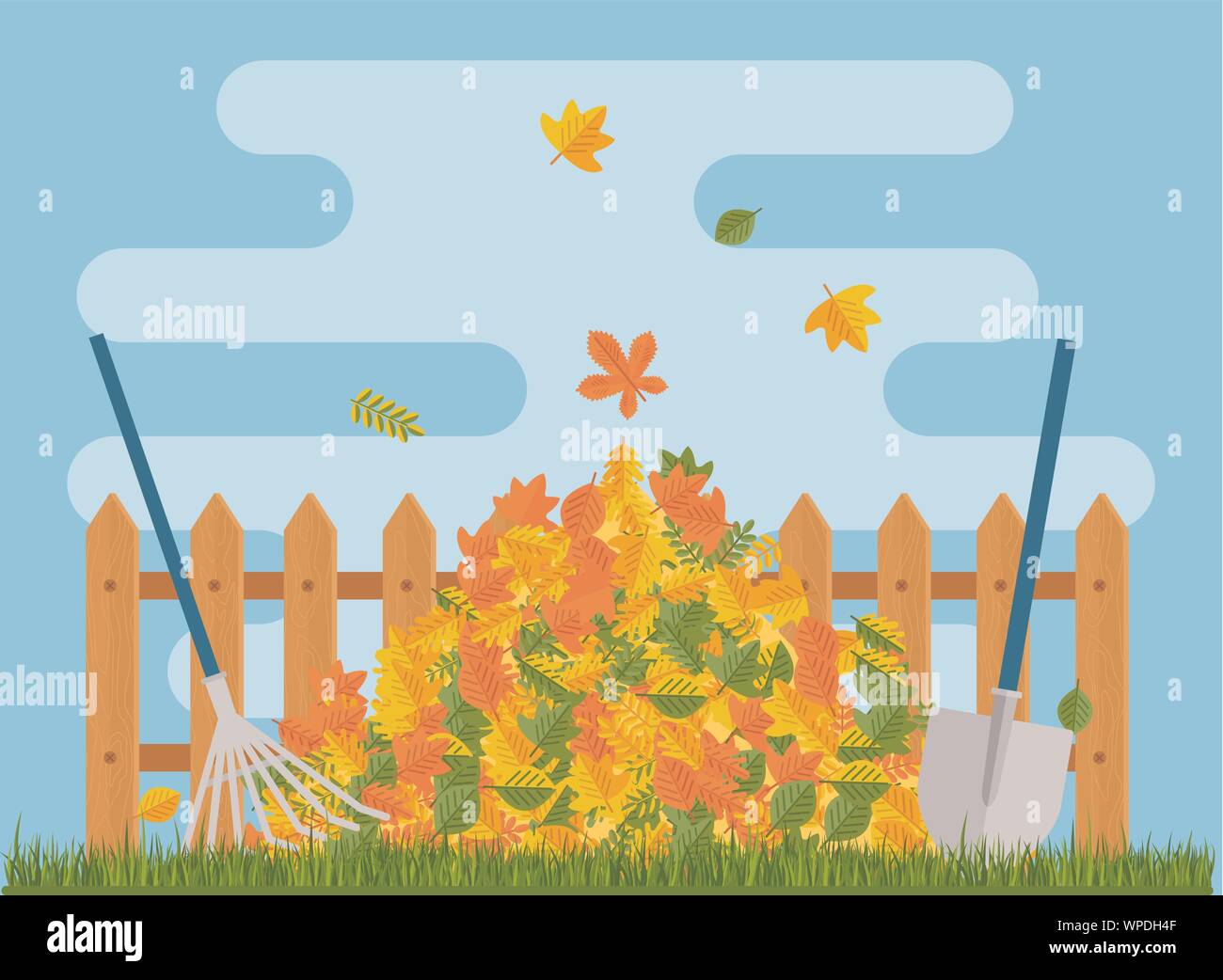 Vector pile of autumn leaves lies under the fence. Stock Vector