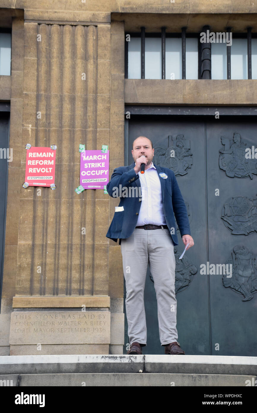 Defend Democracy: Stop The Coup protest outside City Hall, Norwich UK 7 September 2019 - anti Boris Johnson protest. Martin Scmierer, Norwich Green Pa Stock Photo