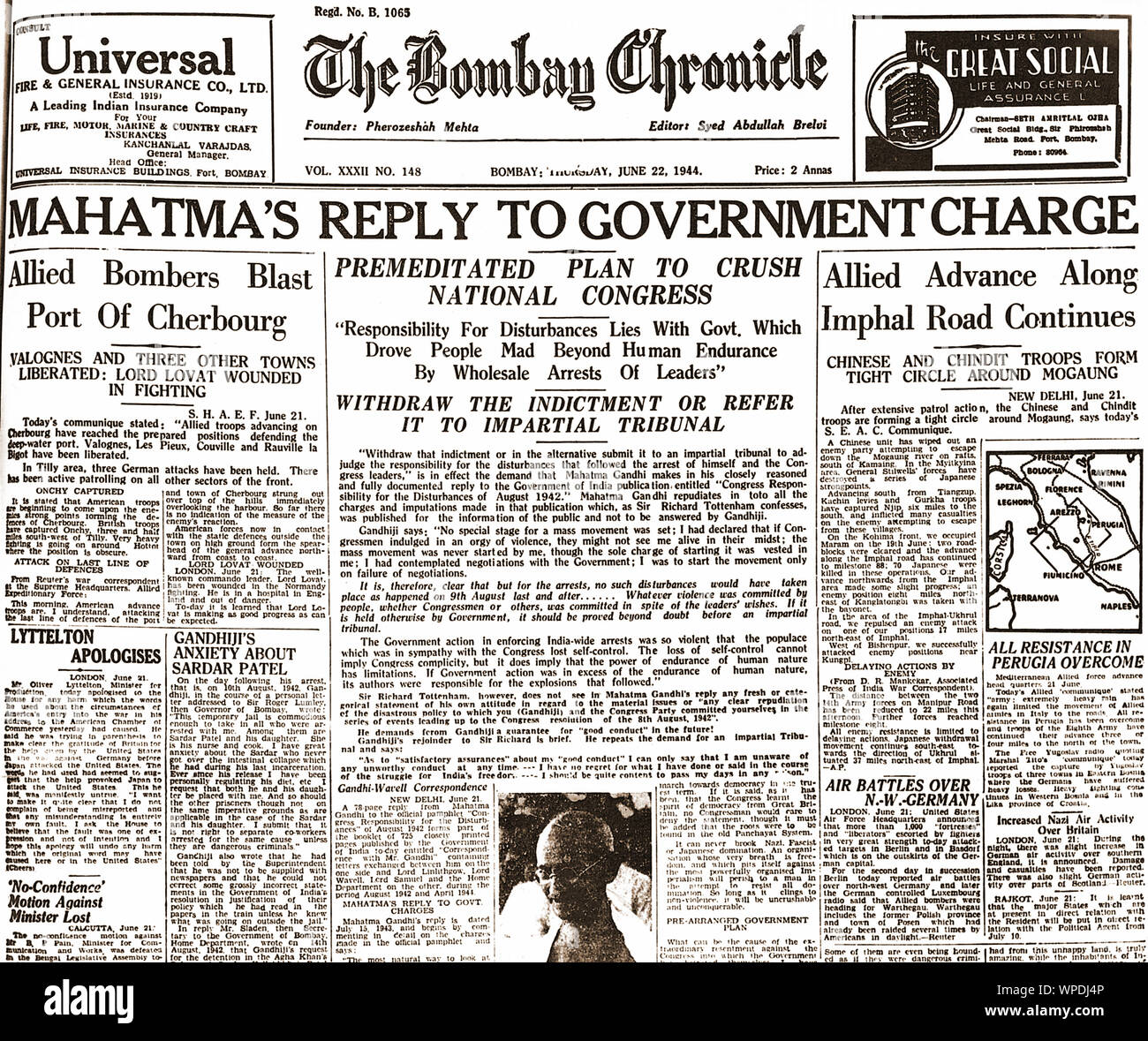 Front page news about Mahatma Gandhi, India, Asia, June 22, 1944 Stock Photo