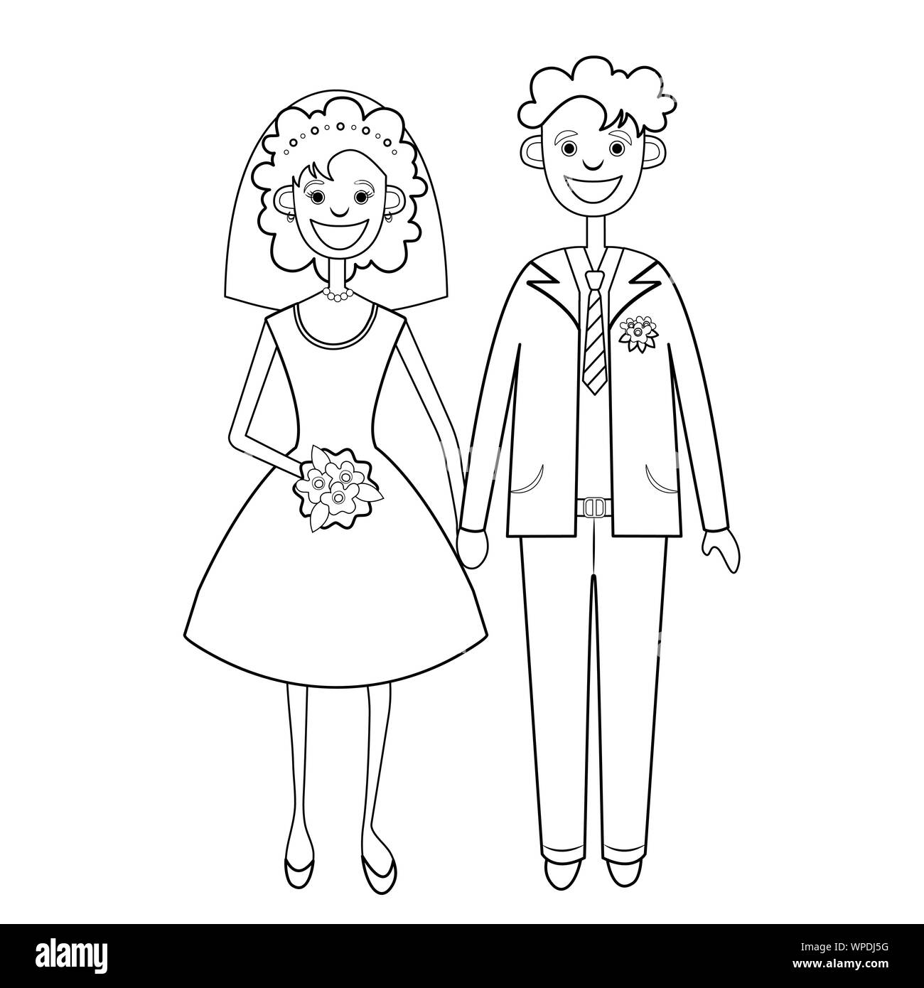 Bride and groom linear black and white drawing, silhouette, coloring, outline cartoon character, vector illustration. Newlyweds, woman in wedding dres Stock Vector