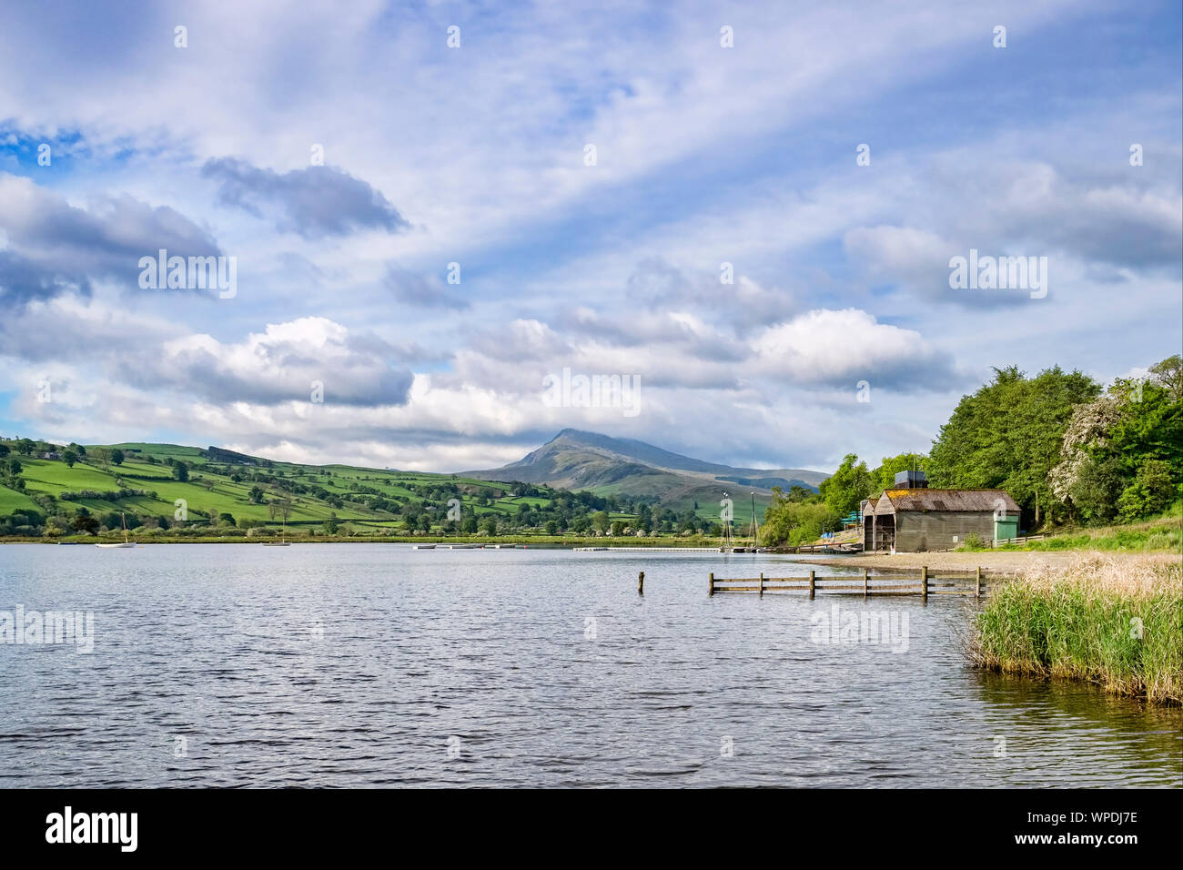 Bala Lake, Llyn Tegid, in North Wales, on a fine spring evening. Looking towards the Aran mountains. Stock Photo