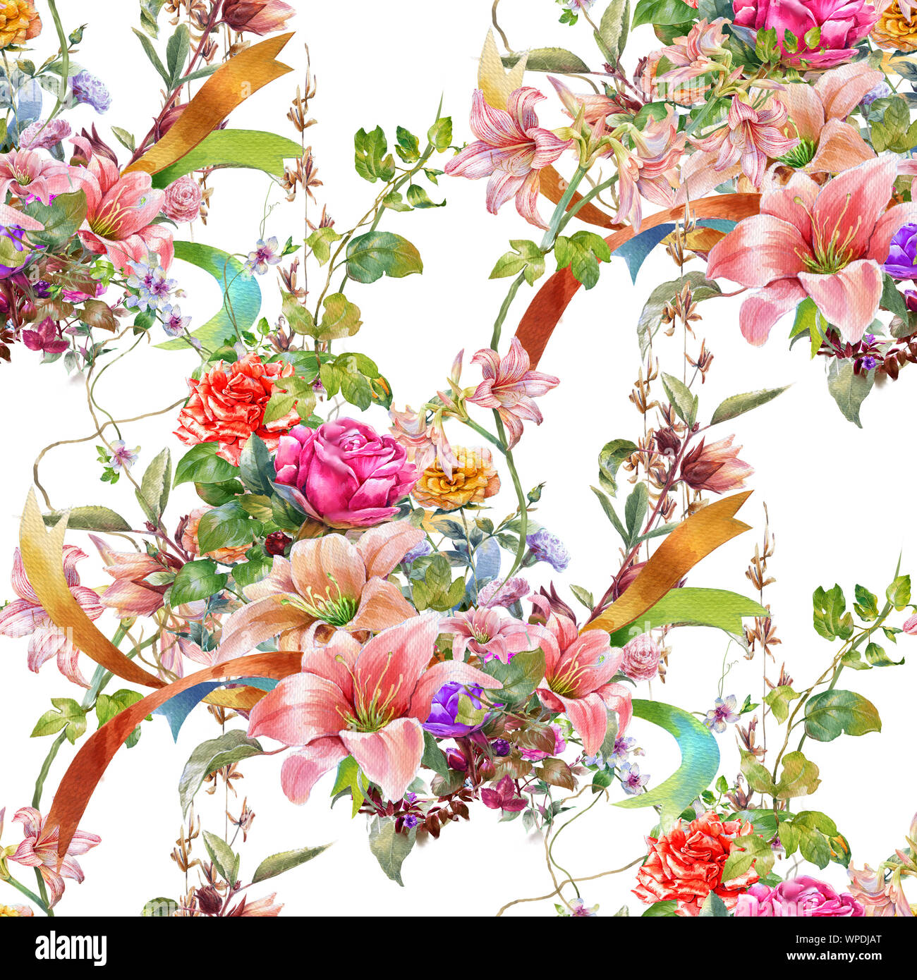 Watercolor painting of leaf and flowers, seamless pattern on white ...