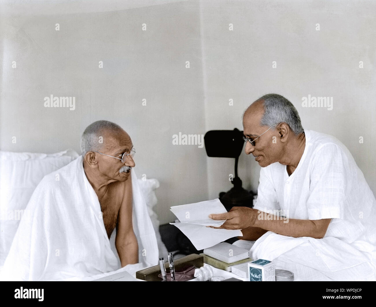 Mahatma Gandhi discussing with C Rajagopalachari, Bombay, Mumbai, Maharashtra, India, Asia, June 21, 1945, old vintage 1900s picture Stock Photo