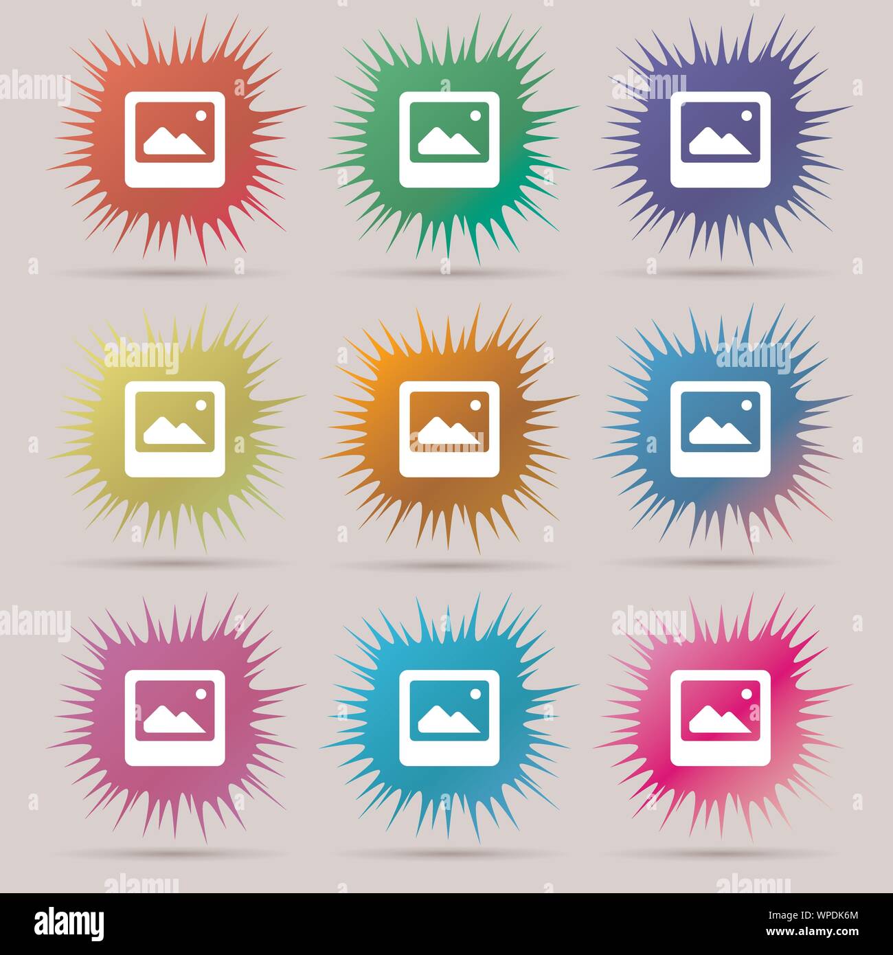 Photo frame template icon sign. A set of nine original needle buttons ...