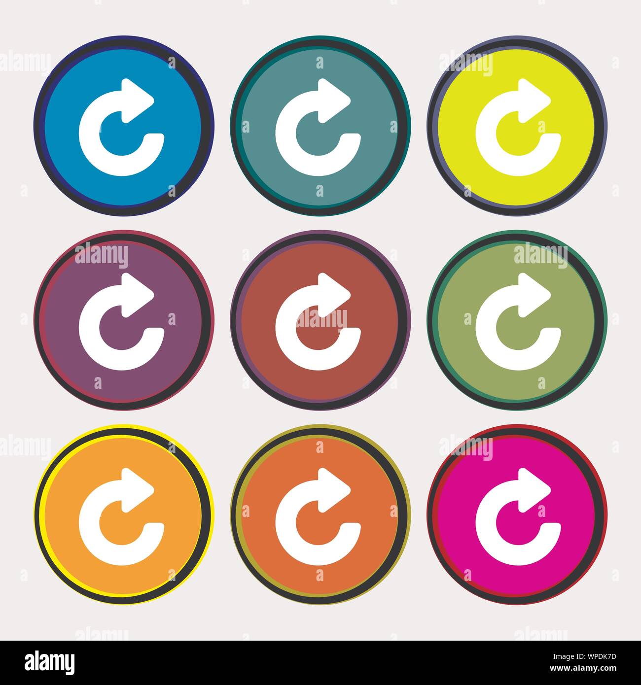 Upgrade, arrow icon sign. Nine multi-colored round buttons. Vector Stock Vector