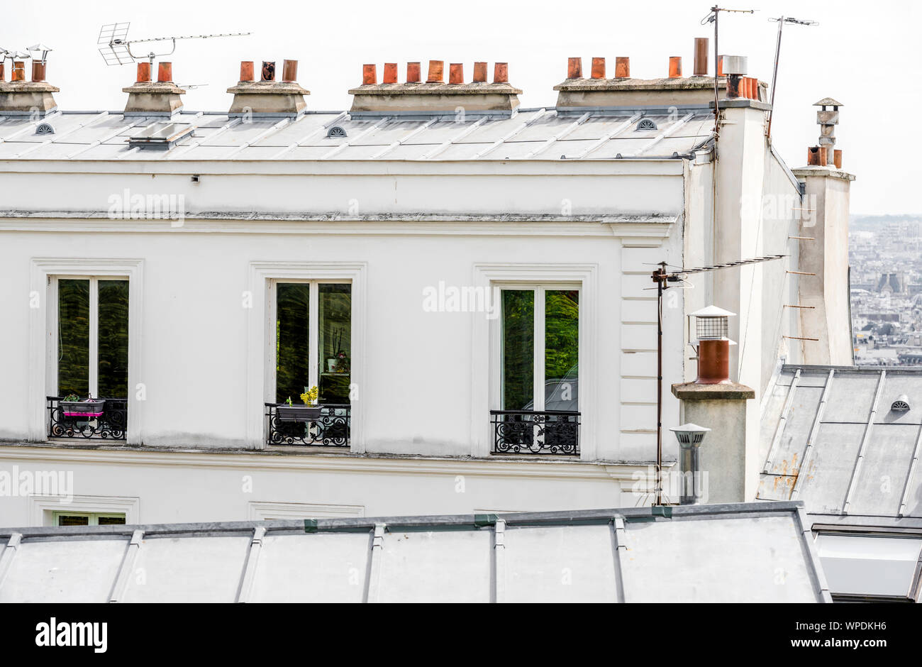 Hanging flower pots in the windows of the attic floor and on the balcony of multistory apartment building - a classic architectural design of old Pari Stock Photo