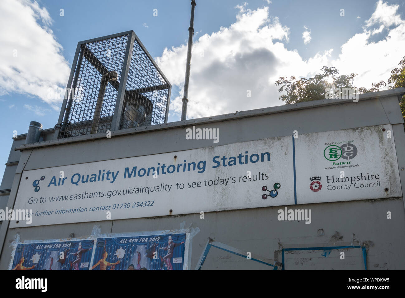 Air quality monitoring station on the high street in the town of Bordon, Hampshire, UK Stock Photo