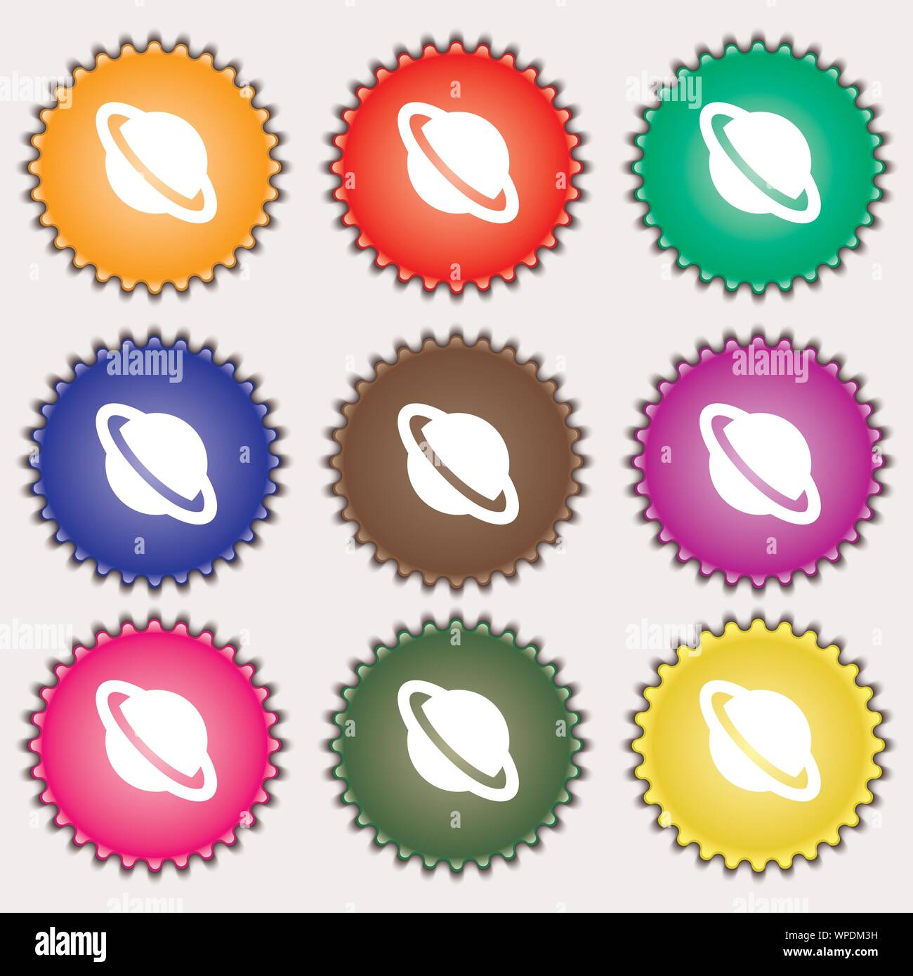 Jupiter planet icon sign. A set of nine different colored labels ...
