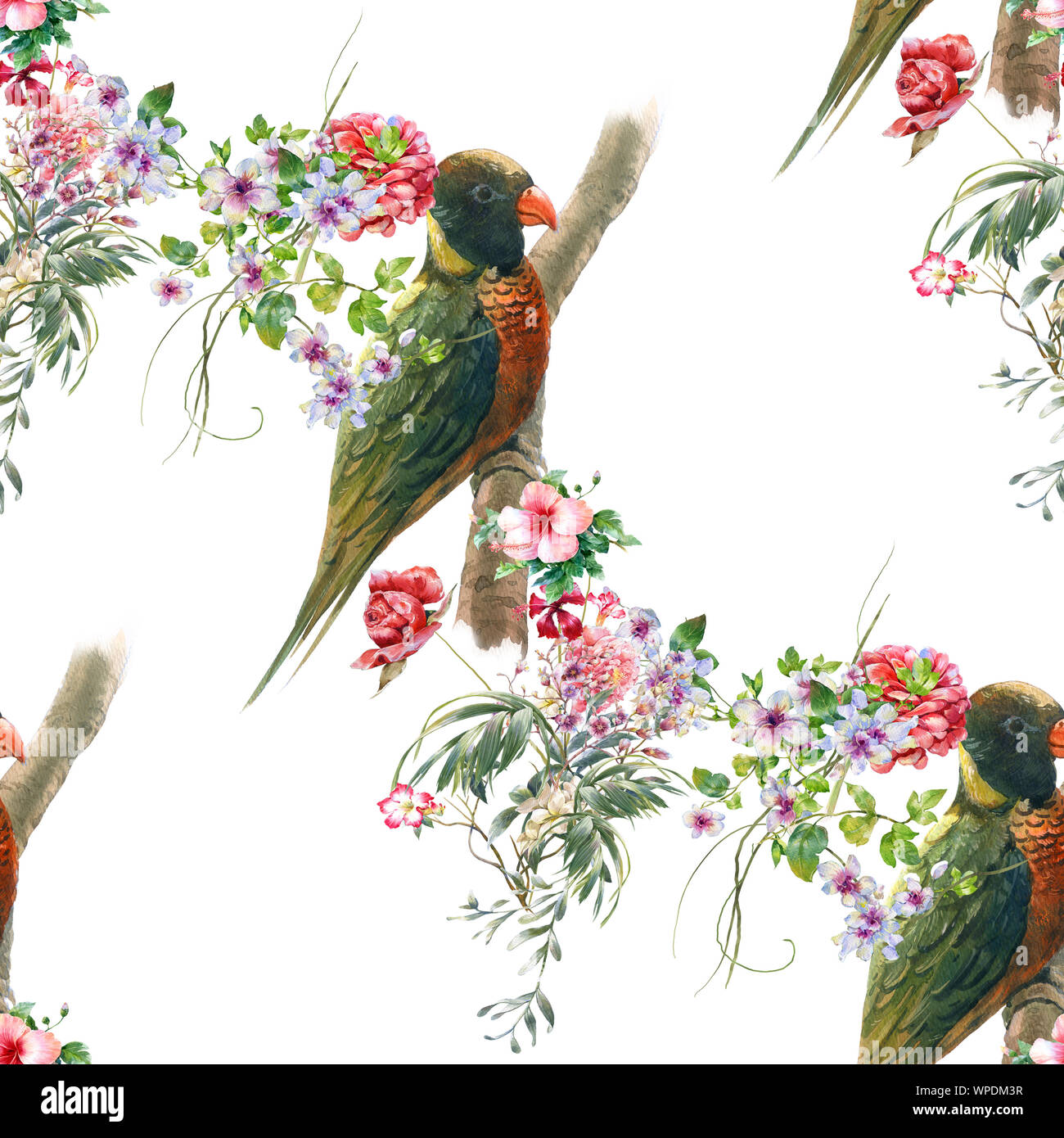 Watercolor painting with birds and flowers, seamless pattern on white ...