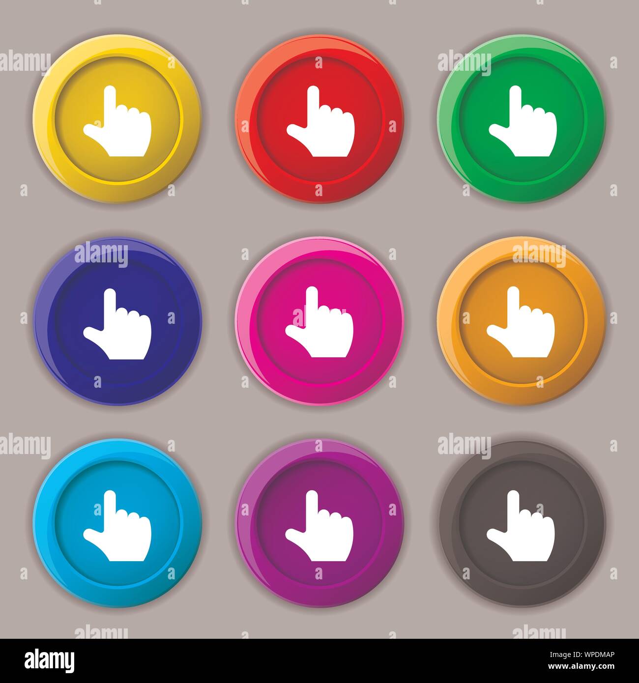 pointing hand icon sign. symbol on nine round colourful buttons. Vector ...