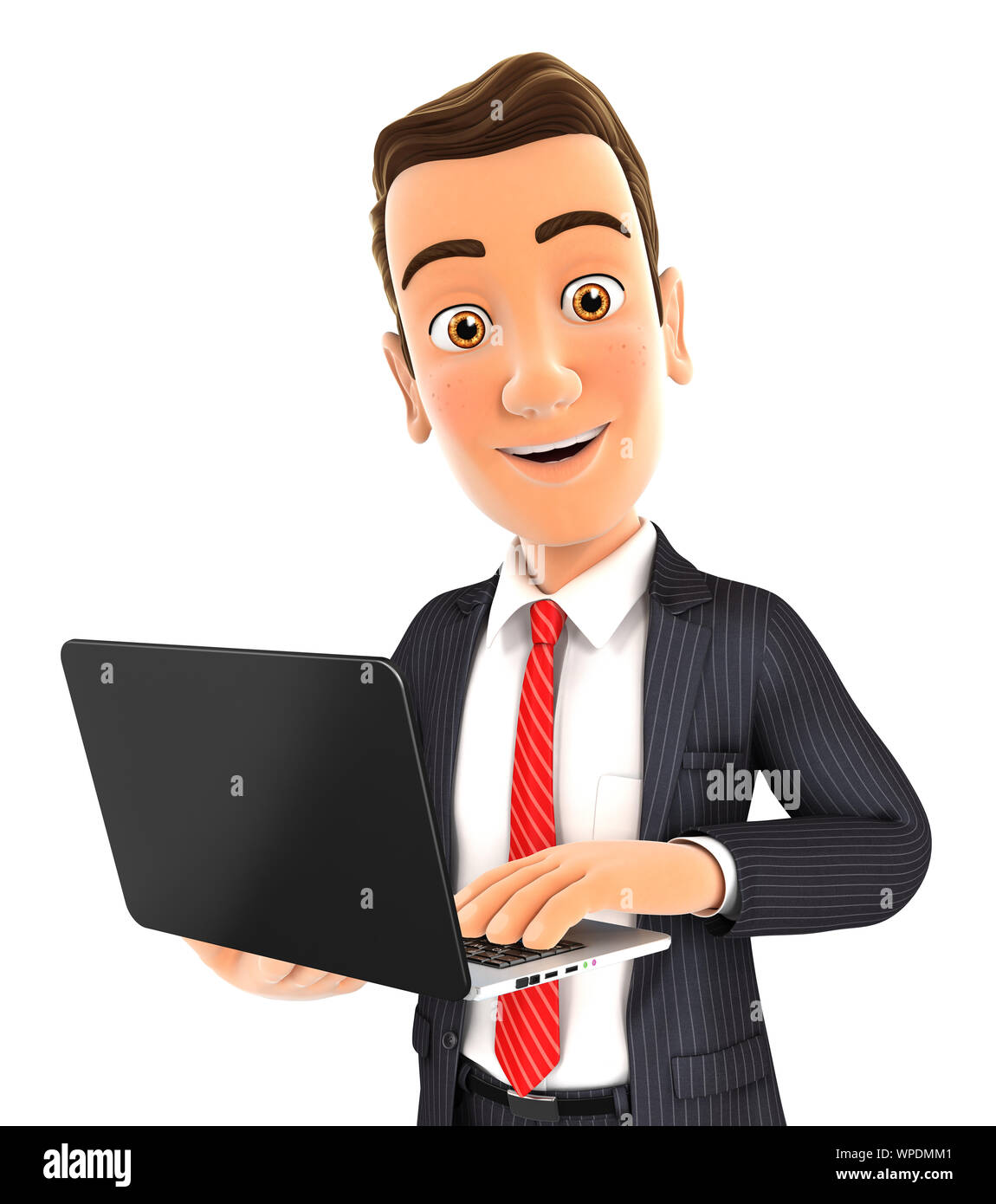 3d businessman standing and holding laptop, illustration with isolated white background Stock Photo