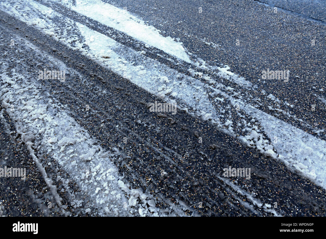 Tyre tracks detail on slippery, frosty snow-covered roads. Stock Photo