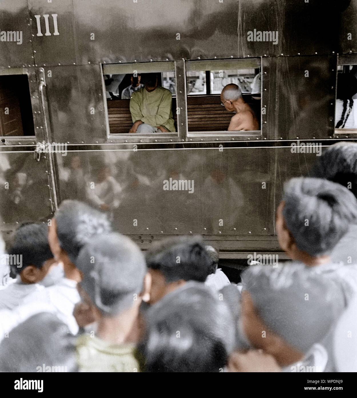 Mahatma Gandhi with Khan Abdul Ghaffar Khan in train compartment, India, Asia, May 1946 Stock Photo