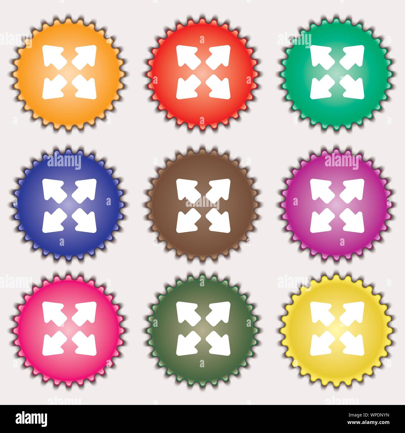 Deploying video, screen size icon sign. A set of nine different colored ...