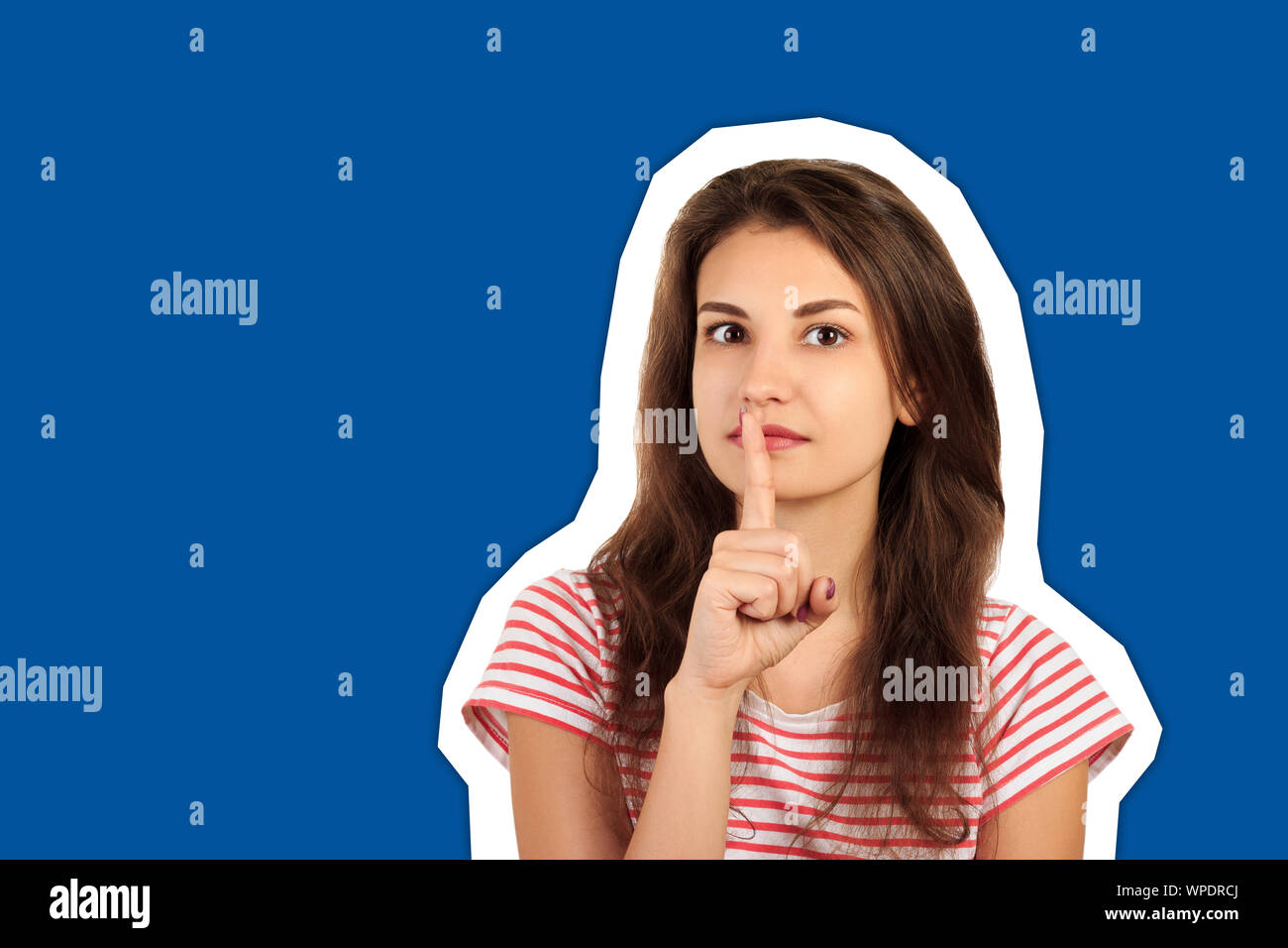 Young woman holding a finger on her lips - silent gesture. emotional girl Magazine collage style with trendy color background. Stock Photo