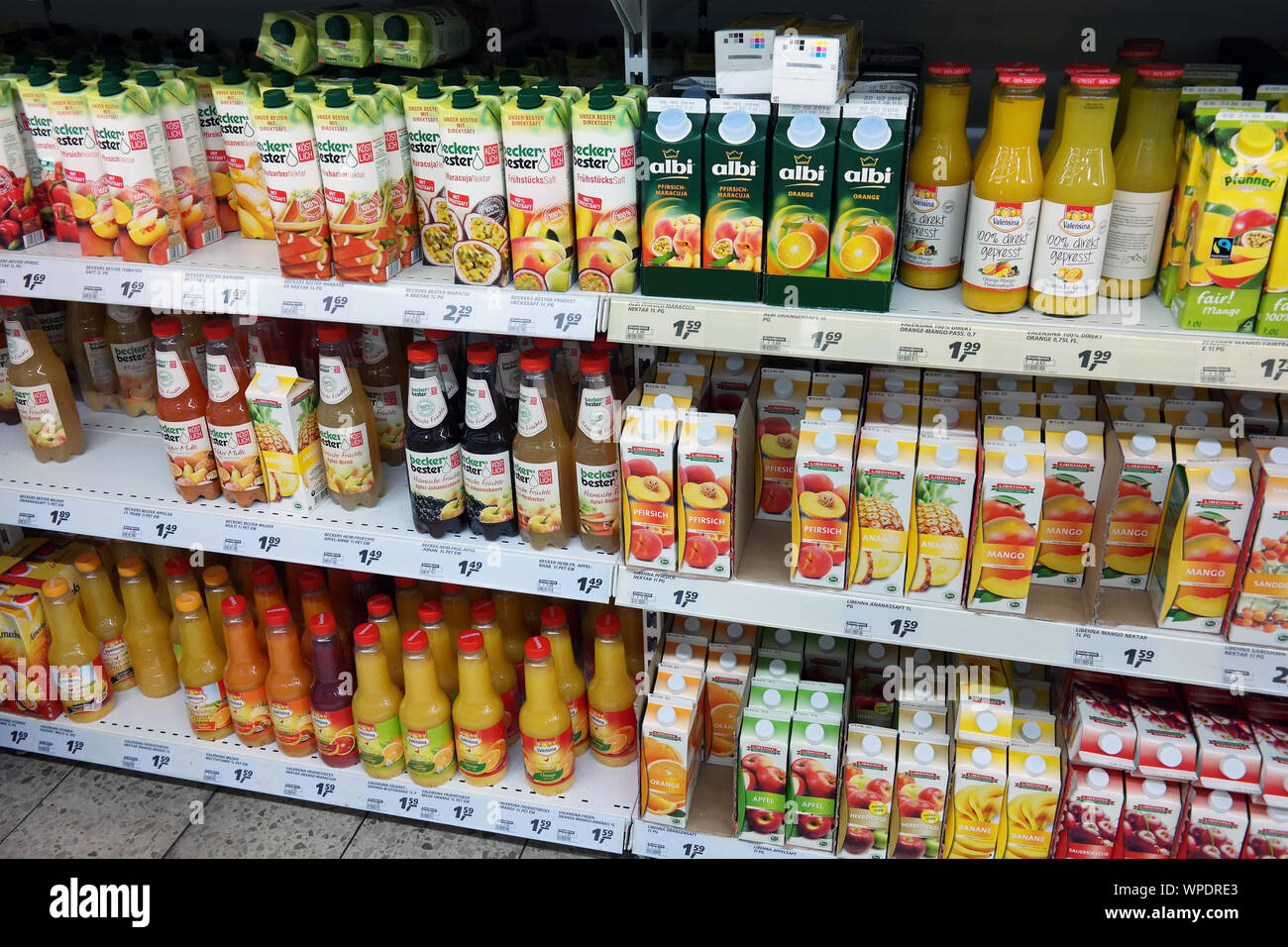 Diverse brands of fruit juices in a Store Stock Photo