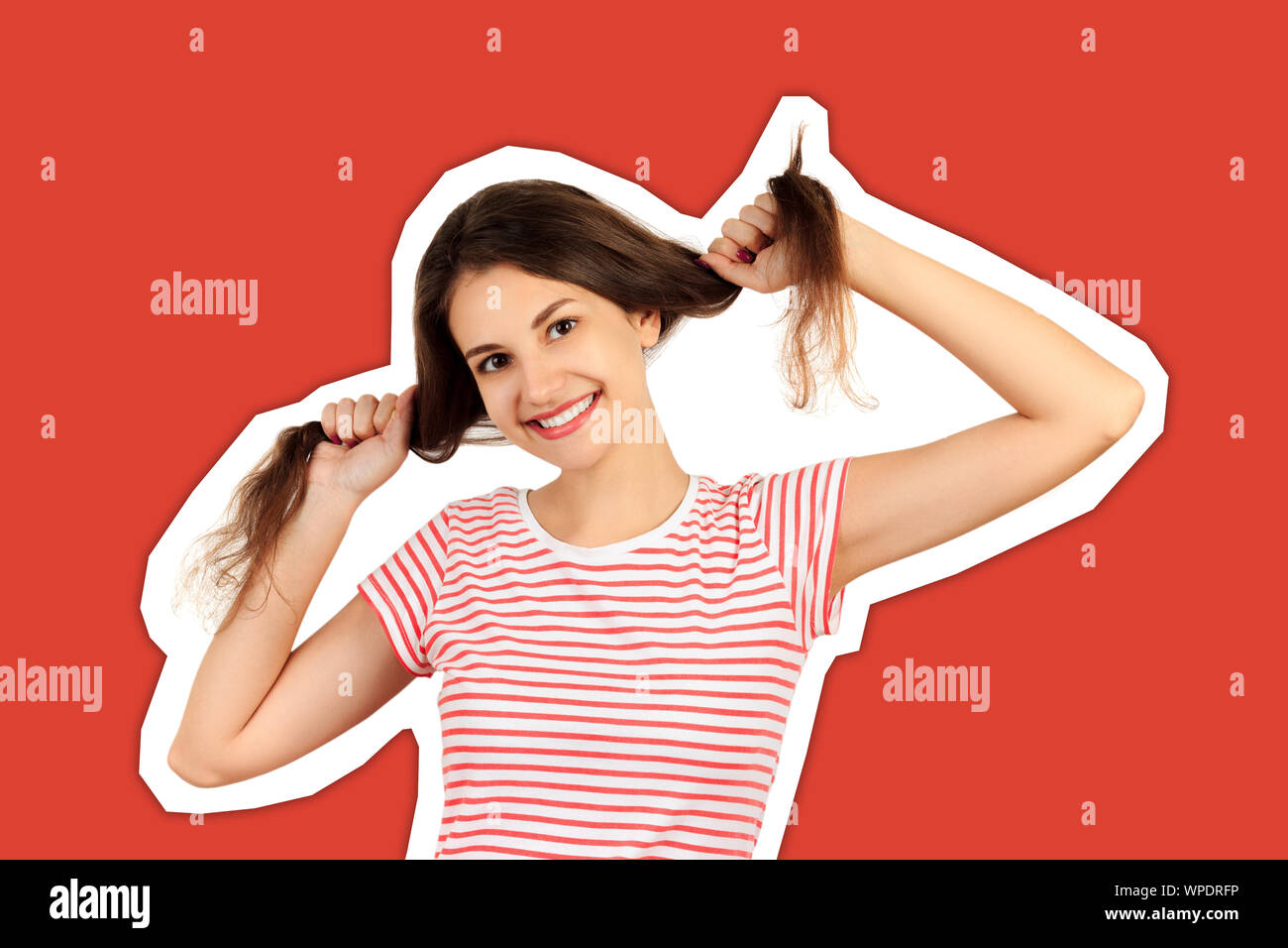 Girl confused with her hair. emotional girl Magazine collage style with trendy color background. Stock Photo