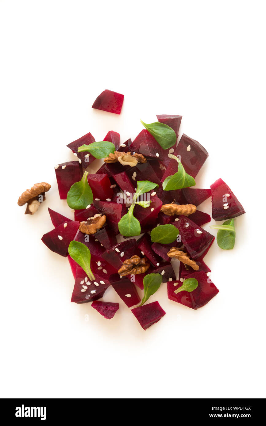 Boiled beets finely chopped on a white background Stock Photo