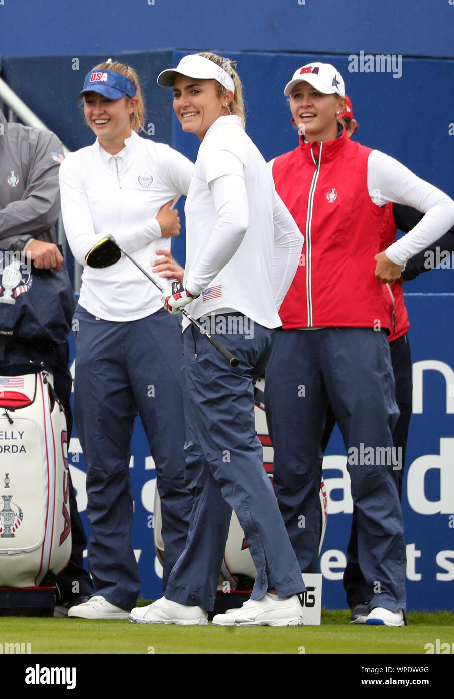 From left to right) Team USA's Nelly Korda, Lexi Thompson and Jessica Korda  on the 1st tee during preview day one of the 2019 Solheim Cup at Gleneagles  Golf Club, Auchterarder Stock