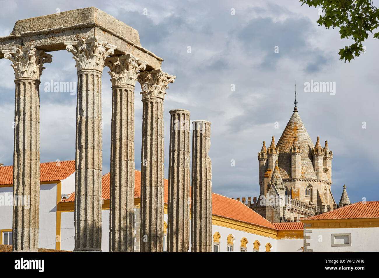 Roman temple of Diana and cathedral in Evora, Portugal Stock Photo