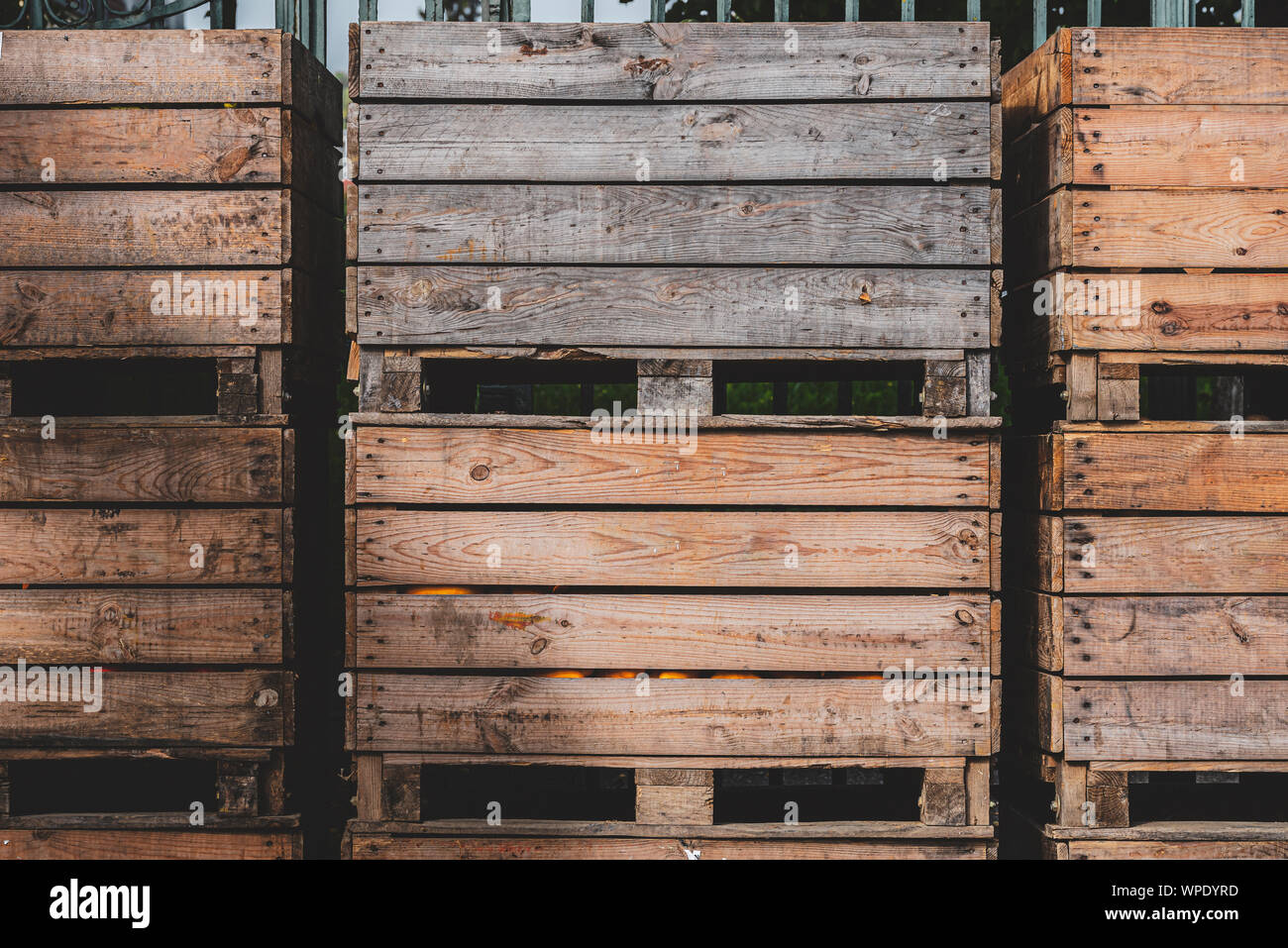 Commercial wooden boxes for storing fruits and vegetables. Merchandise