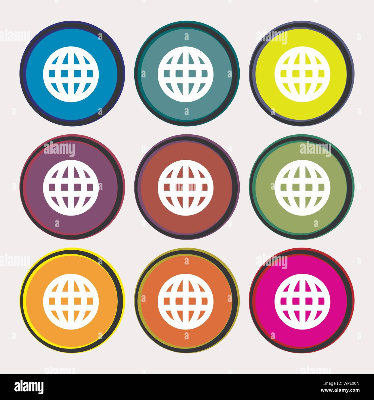 Globe, World map geography icon sign. Nine multi-colored round buttons ...
