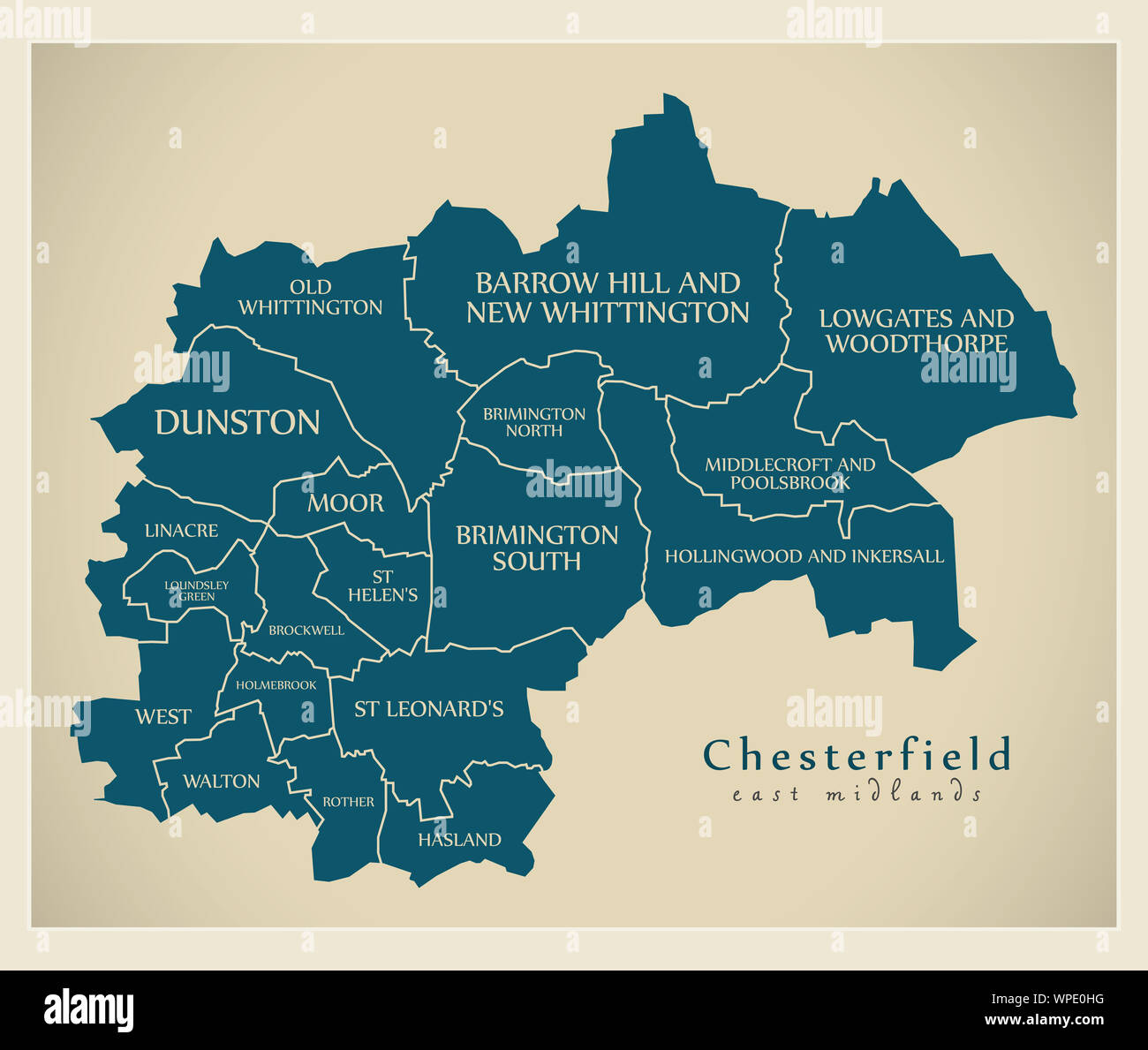 Wards map of Chesterfield district in East Midlands England UK with labels Stock Photo