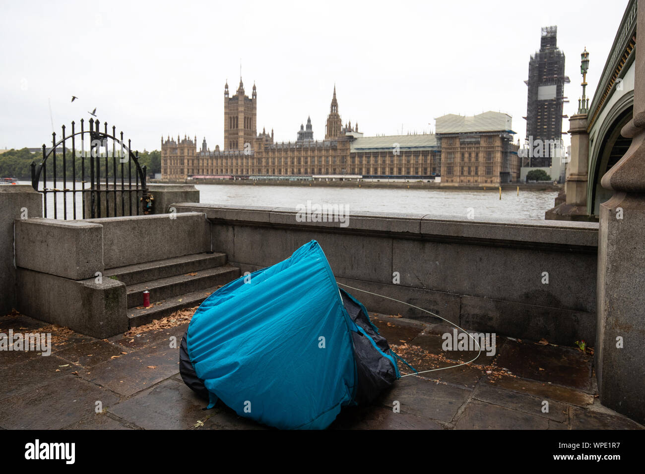 The tent of a homeless person near the Houses of Parliament, Westminster, London. PA Photo. Picture date: Monday September 9, 2019. Brexit continues and life goes on in Westminster. See PA story POLITICS Brexit. Photo credit should read: Aaron Chown/PA Wire Stock Photo