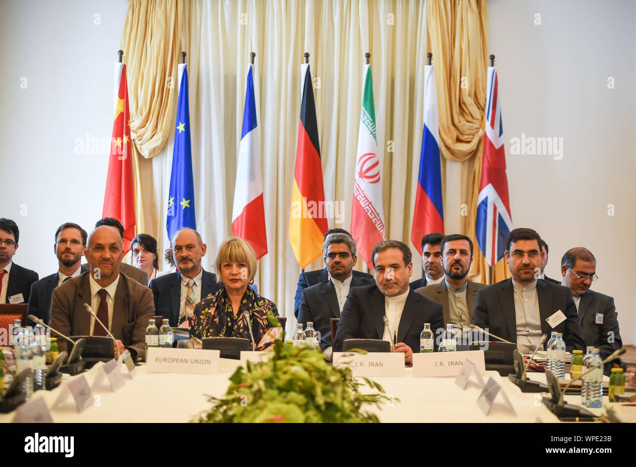 Beijing, Austria. 28th July, 2019. Delegates attend a meeting of the Joint Commission of the Joint Comprehensive Plan of Action (JCPOA) in Vienna, Austria, on July 28, 2019. Credit: Guo Chen/Xinhua/Alamy Live News Stock Photo