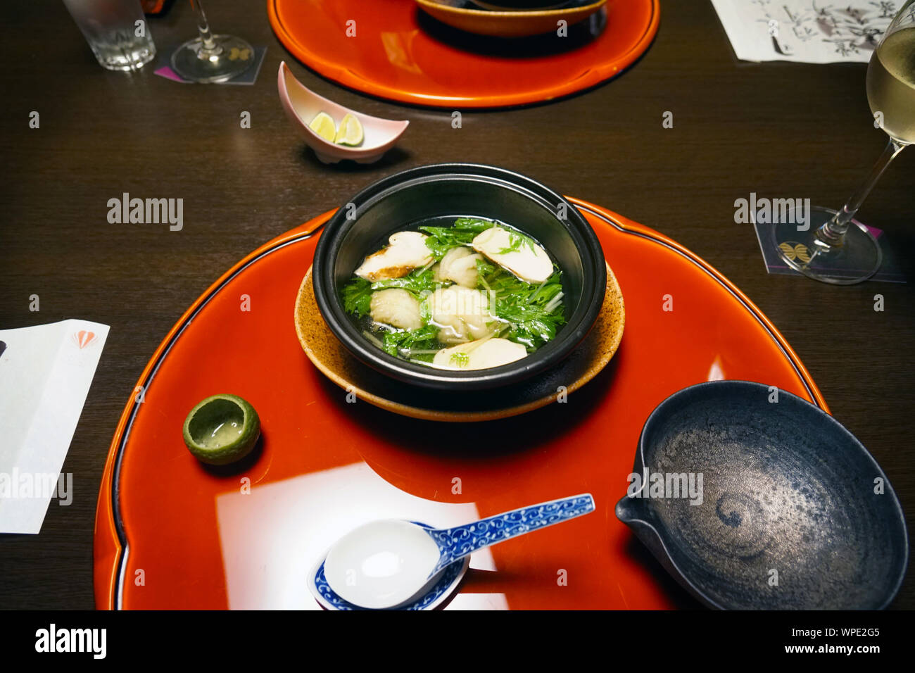 Hamo fish (dagger-tooth pike conger) and matsutake mushroom soup, Japanese kaiseki traditional dinner, Yamanashi, Japan Stock Photo