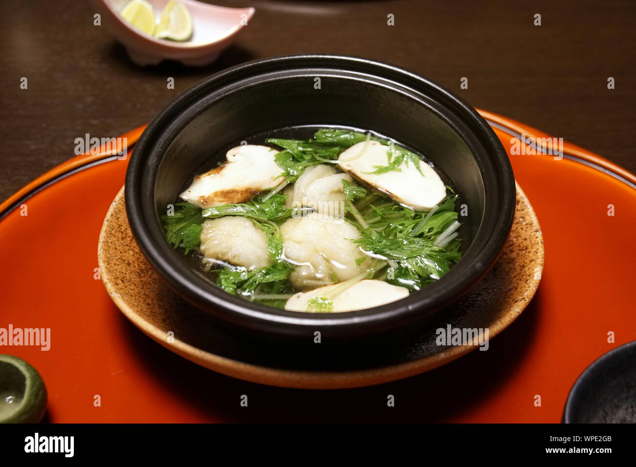 Hamo fish (dagger-tooth pike conger) and matsutake mushroom soup, Japanese kaiseki traditional dinner, Yamanashi, Japan Stock Photo