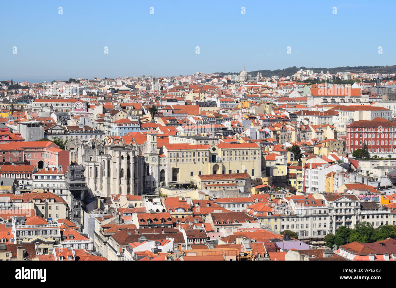 Cityscape of Lisbon Portugal in August 2019  - An aerial view of the Portuguese capital city taken from Castilo Sao Jorge Stock Photo