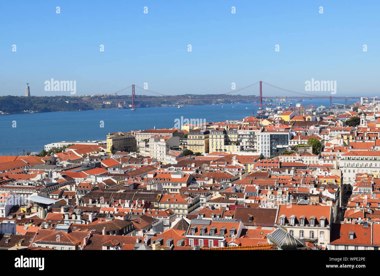Aerial view of Lisbon Portugal including the River Tagus and River Tagus Bridge Stock Photo